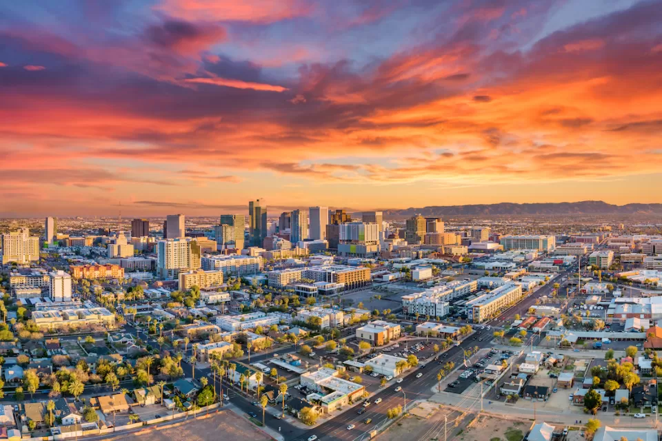 Aerial view of downtown Phoenix, Arizona at sunset.